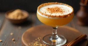 A creamy cocktail served in a coupe glass, topped with a frothy layer and sprinkled with crushed spices, with cinnamon sticks and a bowl of brown sugar in the background.