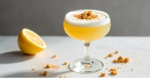 A frothy yellow cocktail in a coupe glass, topped with crumbled biscuit pieces, with a halved lemon and scattered crumbs on a white surface.