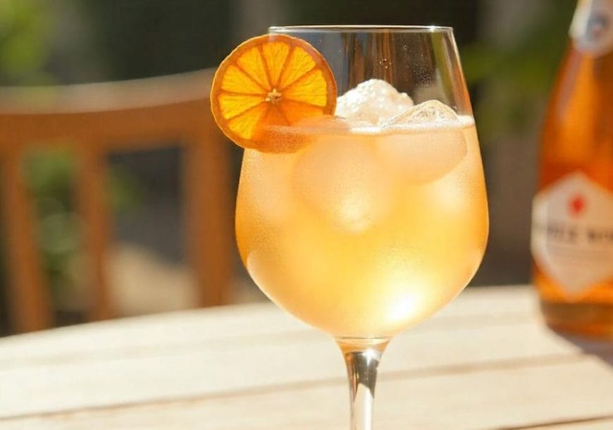 A stemmed glass filled with a peach-coloured cocktail and ice, garnished with a dried orange slice, placed on a sunlit table with a bottle of rosé in the background.