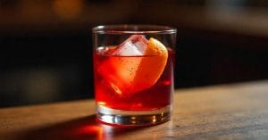 A short glass filled with a deep red cocktail, large ice cubes, and a twist of orange peel, set on a wooden surface with a dark background.
