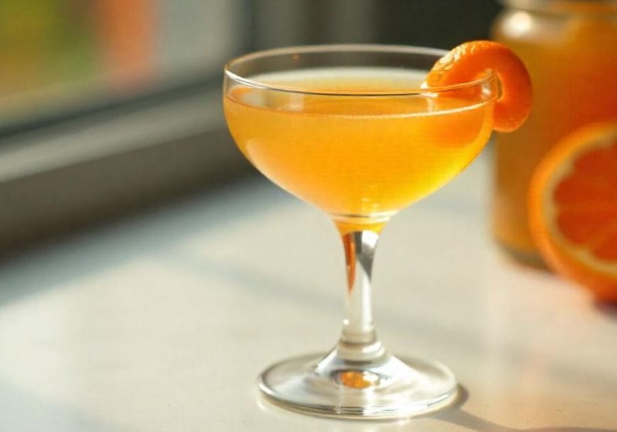 A coupe glass filled with an orange cocktail, garnished with a twist of orange peel, set beside a sliced orange and a jar of juice in warm natural light.