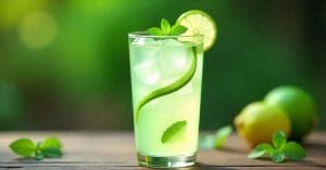 A tall glass of green lime and mint cocktail with ice, garnished with a lime wheel, mint sprig, and a twisted lime peel, set against a vibrant green blurred background with lemons, limes, and mint on the table.