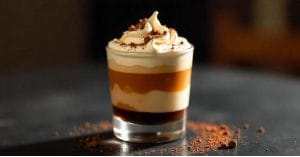 Layered coffee dessert in a glass, topped with whipped cream and sprinkled with cocoa powder, with cocoa scattered on the dark surface.