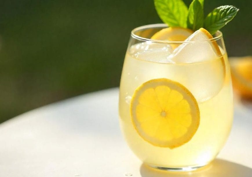 A clear glass of lemonade with ice cubes, lemon slices, and a sprig of mint, set on a white table with a blurred green background.