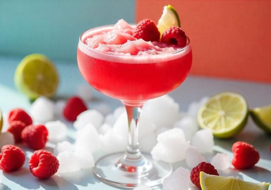 A vibrant frozen raspberry cocktail in a coupe glass, garnished with fresh raspberries and a lime wedge, surrounded by ice cubes, lime slices, and raspberries on a colourful background.