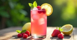 A tall glass of pink raspberry lemonade filled with ice, garnished with raspberries, a lemon slice, and mint leaves, set on a wooden table with fresh lemons, strawberries, and raspberries around it in an outdoor garden setting.