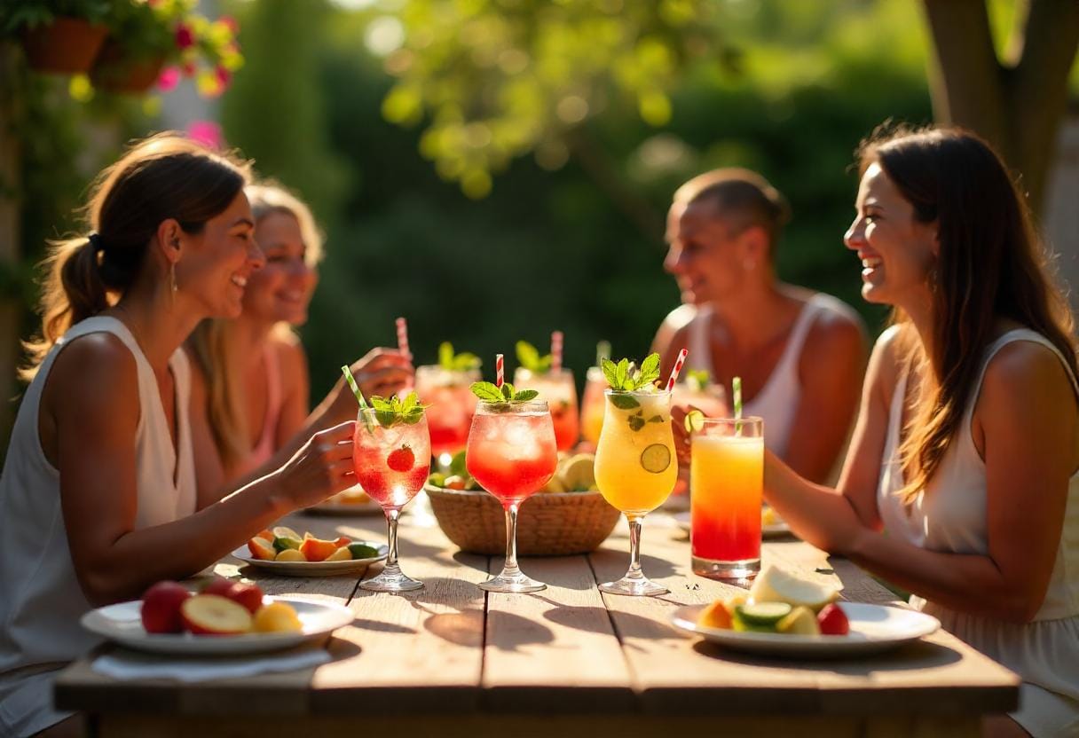 Four women sit around a wooden outdoor table, laughing and enjoying colorful fruity cocktails on a sunny day. Plates of fresh fruit and garnished drinks are spread across the table, with greenery and soft sunlight in the background.