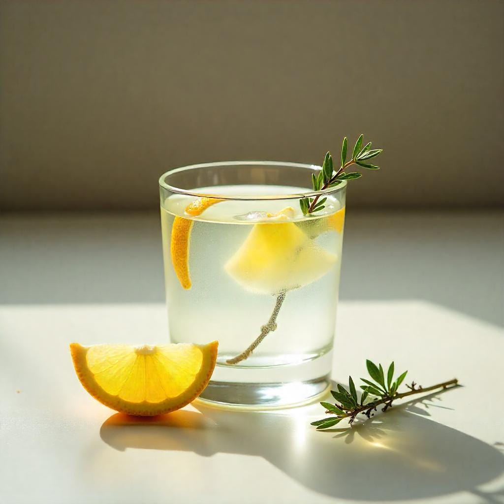A clear glass filled with a light cocktail, garnished with a lemon wedge and a sprig of rosemary, placed on a sunlit surface with an additional lemon slice and rosemary sprig beside it.
