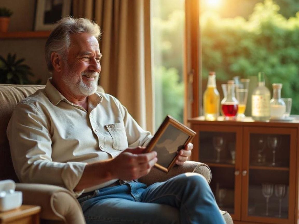 An elderly man with grey hair and a beard sits in a cozy armchair, smiling warmly as he holds a framed photo. Sunlight streams through an open window behind him, illuminating bottles and glasses on a cabinet.