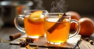 Two steaming hot drinks in clear glass mugs garnished with orange slices and cinnamon sticks, placed on a napkin with star anise and spices, evoking a warm, cozy atmosphere.