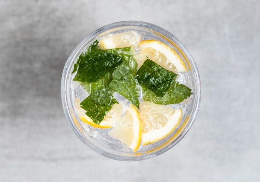 A top-down view of a clear drink with ice cubes, lemon slices, and fresh mint leaves in a glass on a light grey surface.