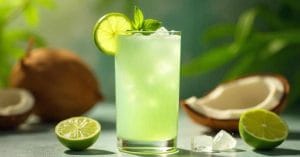 A tall glass of light green coconut-lime drink filled with ice, garnished with a lime wheel and mint sprig, placed on a table surrounded by halved coconuts, fresh limes, and ice cubes with a tropical, leafy background.