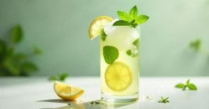 A tall glass of lemonade with ice cubes, lemon slices, and fresh mint leaves, garnished with a lemon wedge and mint sprig, set against a soft green background.