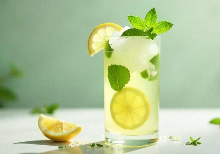 A tall glass of lemonade with ice cubes, lemon slices, and fresh mint leaves, garnished with a lemon wedge and mint sprig, set against a soft green background.