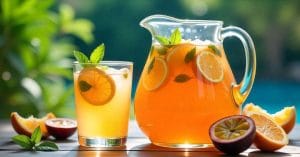 A glass pitcher and a glass filled with orange-hued iced tea or juice, garnished with lemon slices and mint leaves. Fresh lemons and passion fruits are placed around them on a wooden surface, with a blurred green and blue outdoor background.