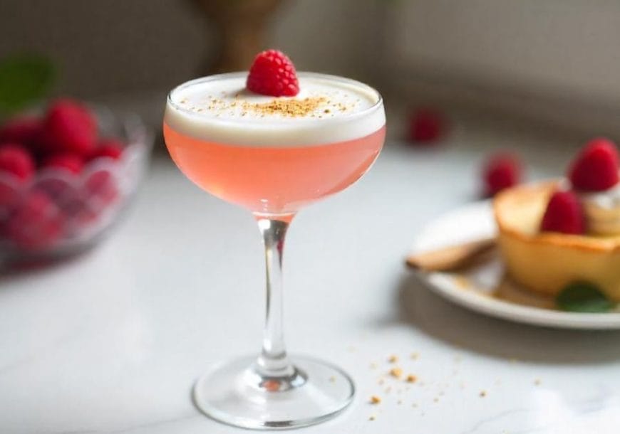 A pink cocktail in a coupe glass topped with a layer of foam and a single raspberry, with a raspberry tart and a bowl of fresh raspberries in the background on a white marble surface.