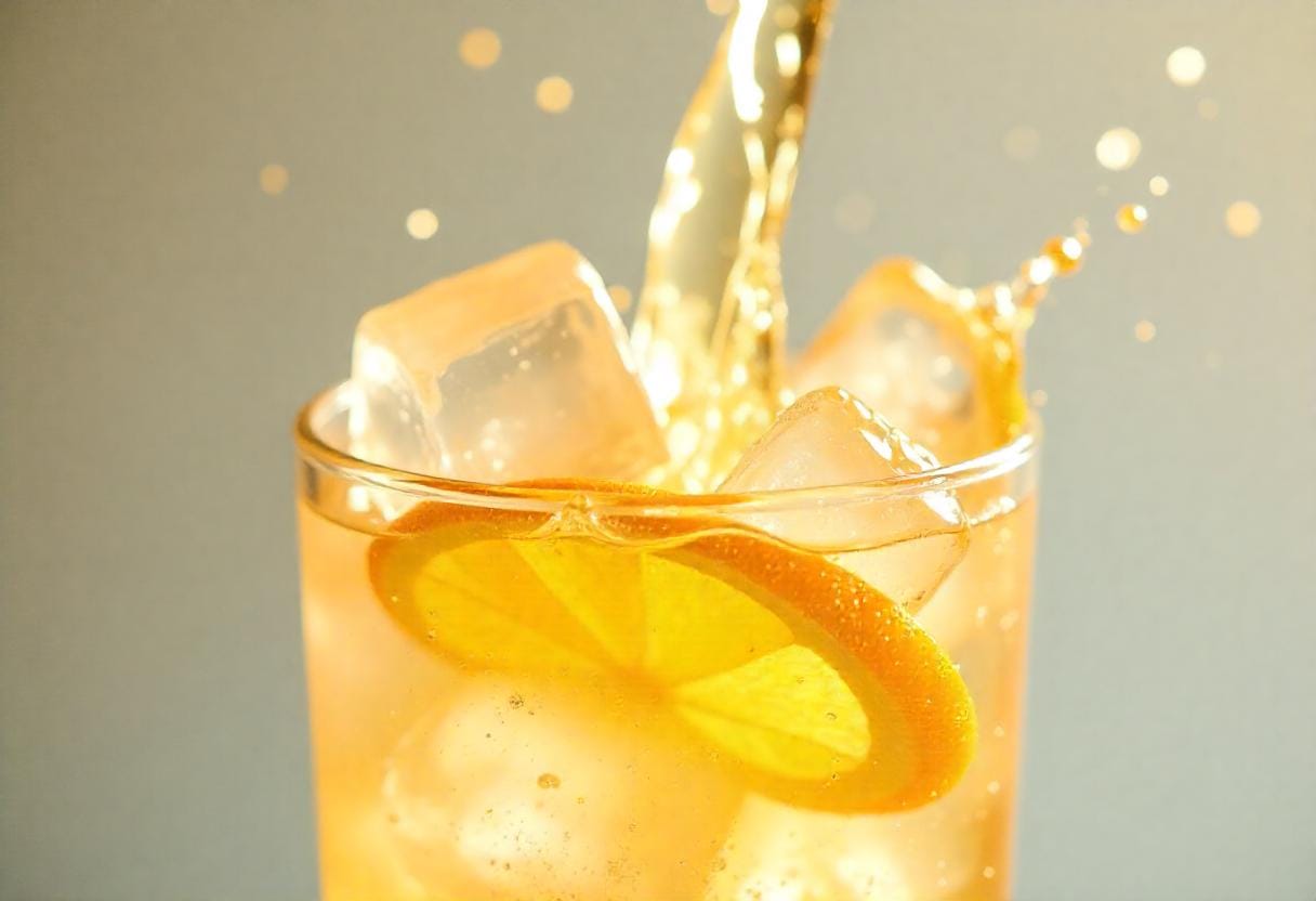 Golden beverage splashing into a glass filled with ice cubes and orange slices, captured mid-pour with bubbles and droplets in the air.