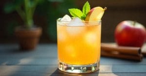 A chilled apple cocktail served in a short glass with ice, garnished with a mint sprig and apple slice, with a red apple and cinnamon sticks in the background.