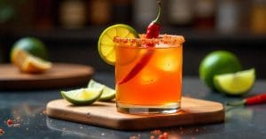 A vibrant orange cocktail in a modern glass garnished with a twist of lime and a slice of passion fruit, set on a clean white marble surface with soft natural light highlighting its bright colours.