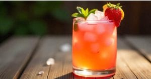 A vibrant pink iced drink in a clear glass, garnished with a fresh strawberry, lemon slice, and mint leaves, set on a wooden table.