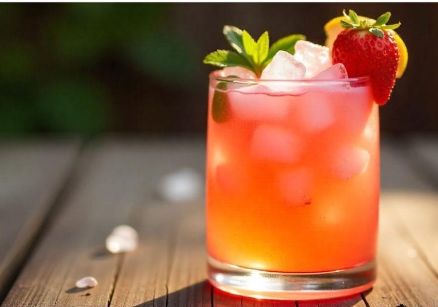 A vibrant pink iced drink in a clear glass, garnished with a fresh strawberry, lemon slice, and mint leaves, set on a wooden table.