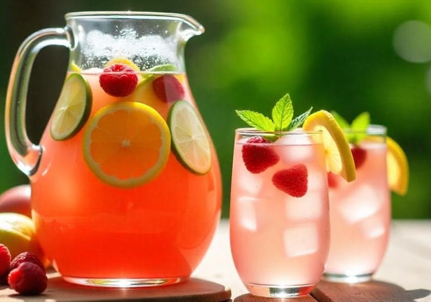 A pitcher and two glasses of pink lemonade garnished with lemon slices, cucumber, raspberries, and mint, sitting on a wooden table in bright outdoor sunlight.
