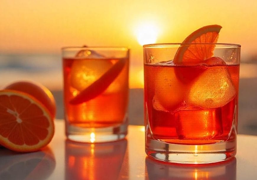 Two glasses of orange cocktails with ice and orange slices, set on a table by the beach at sunset, with fresh orange halves beside them and a warm golden glow in the background.