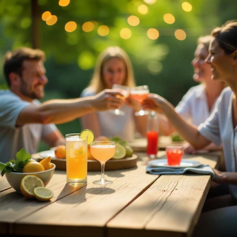 four friends enjoying drinks on an outside bench in a garden setting