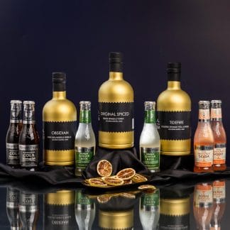 luxury english craft rum discovery box gold bottles black labels dark background mixer bottles